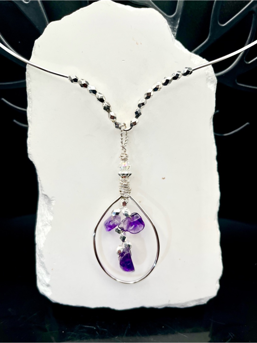Silver Teardrop Necklace with Purple Amethyst Chip Accents